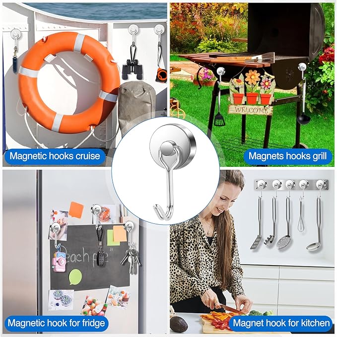 LOVIMAG Hooks, 80lbs+ Magnetic Magnet Hook 2026 Cruise Cabin Ship Essentials Heavy Duty Strong Refrigerator Fridge Hanging for Classroom Beach Vacation Kitchen Grills Home Mug Hanger (6 Pack), Silver