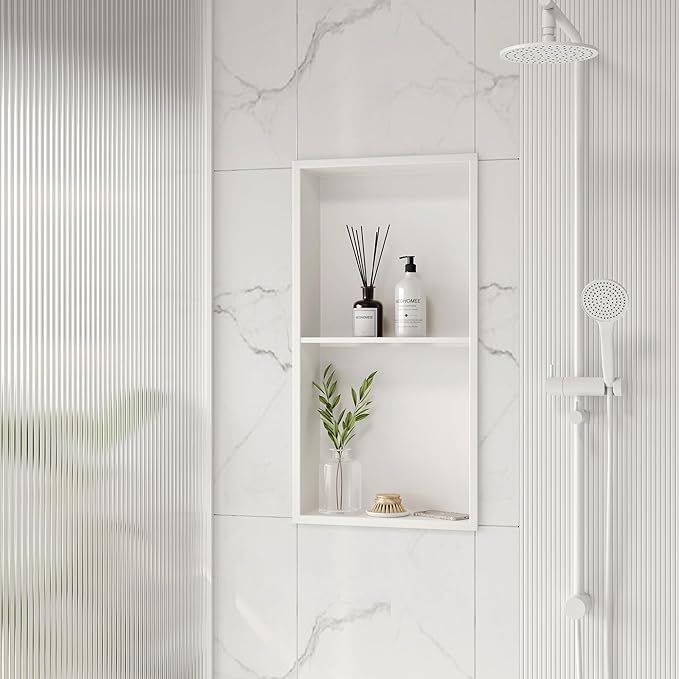 Neodrain No Tile Shower Niche, Stainless Steel Wall Niche 13.1"X25.1"(Inner Size 12"X24"), Two-Tier Bathroom Shelf, NO Tile Needed Recessed Storage for Bathroom Storage, White