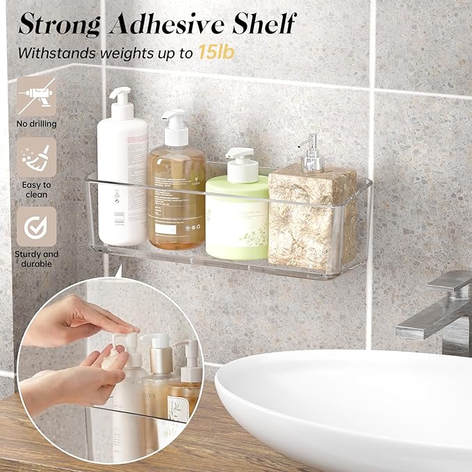 2 Pcs Clear Shower Shelf, Large Bathroom Wall Mounted Shower Caddy, No Drill Self Adhesive Bathroom Organizer with Self Adhesive Tape