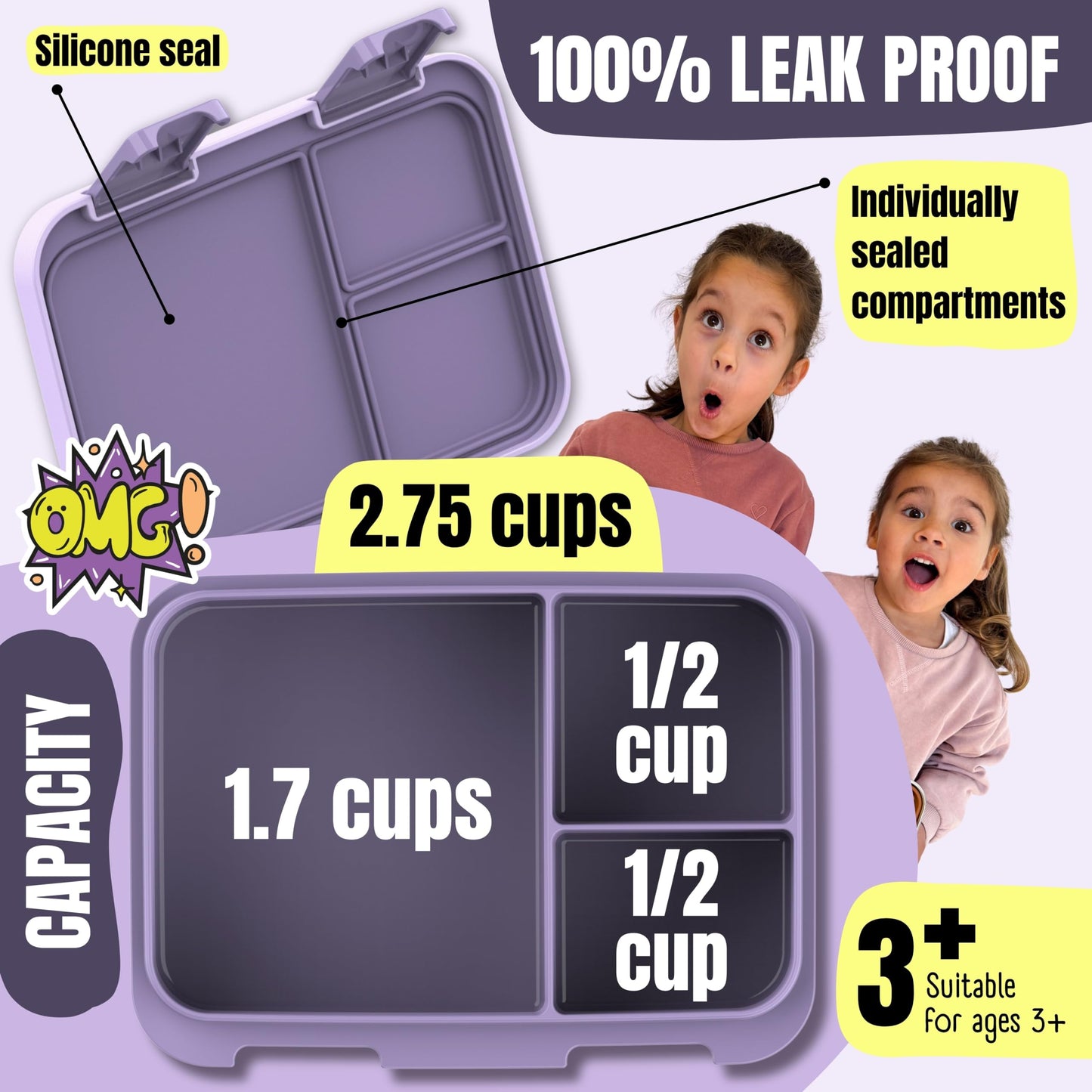 BEARFOOT Kids Lunch Box with Compartments – Compact & Lightweight | Leak-Proof, BPA-Free, Dishwasher Safe | Hand-Drawn Design for Preschool, School, Travel (Sticker Purple, 2.75 Cups)