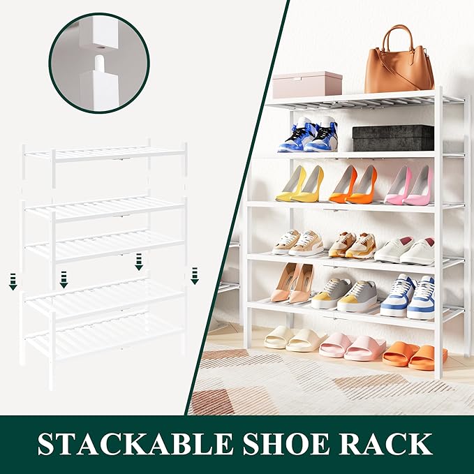 Smiry Shoe Rack, 3 Tier Thick Bamboo Shoe Organizer, Stackable Free Standing Wooden Shoe Storage Shelf for Closet, Entryway, Front Door Entrance, White