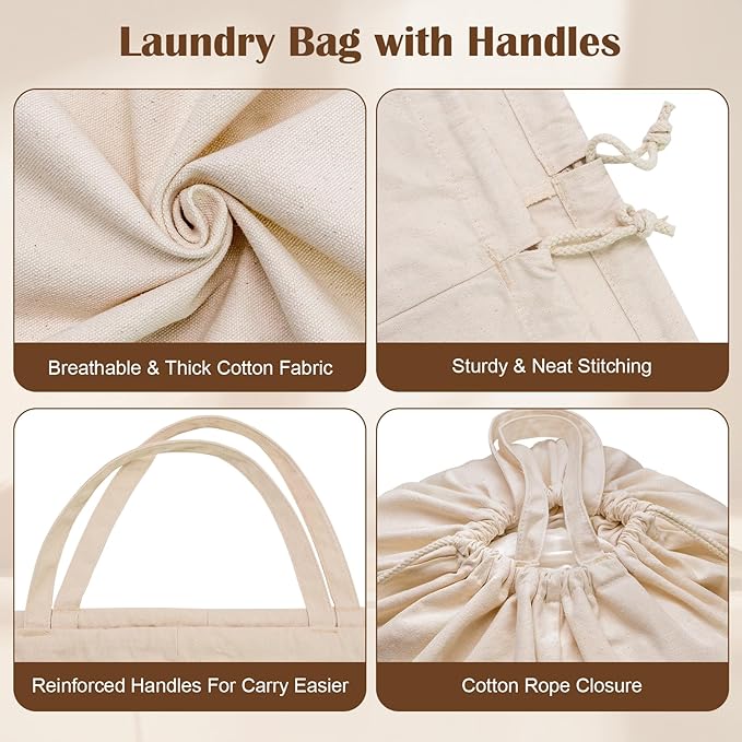 Cotton Canvas Laundry Bag 33"Wx 35"H, Thick Cotton Laundry Bag with Handles & Drawstring, Extra Large Heavy Duty Washable Basket Liner Hamper Liner Storage Sack (Natural XL, 1 Pack)