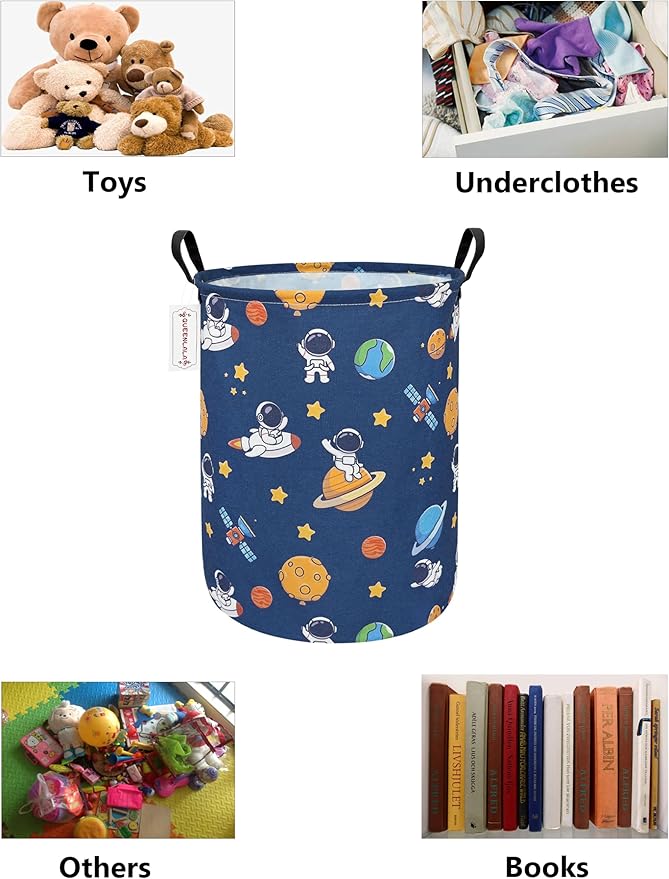 QUEENLALA Large Storage Basket,Laundry Hamper/Bathroom/Home Decor/Collapsible Round Storage Bin,Boys and Girls Hamper/Boxes/Clothing（Round-Yellow Star Astronaut）