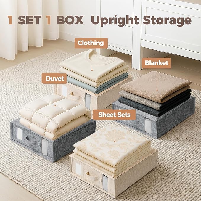 6Pack Sheet Organizers and Storage - King/Queen Size Sheet Storage Organizer with Window, Foldable & Dustproof Sheet Organizer for Linen Closet for Summer Blankets & Sheet Sets,Beige
