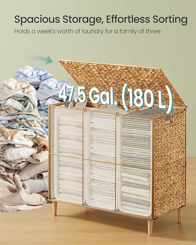 SONGMICS Laundry Hamper 3 Sections, 47.5 Gal. (180 L) Handwoven Water Hyacinth Wicker Laundry Basket with Lid, Natural Material, Removable Machine Washable Liners, Handles, Natural ULCB203Y01