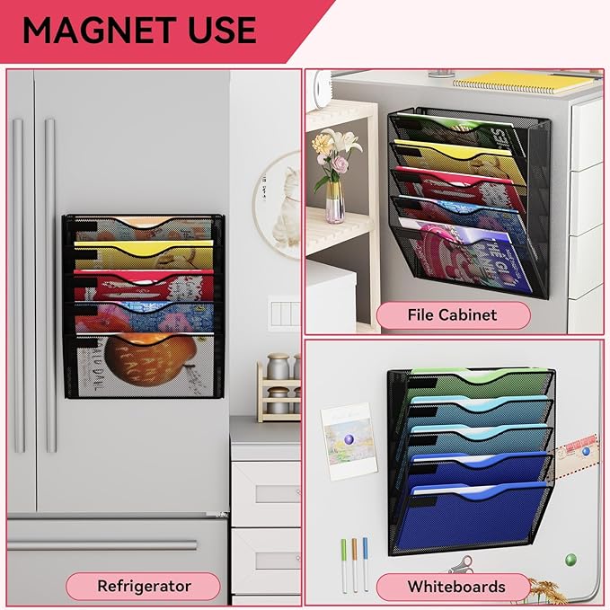 5-Tier Magnetic File Holder, No Drilling Wall File Organizer, File Folder Bins, Mail & Magazine Rack, Magnetic Paper Document Holder for Refrigerator File Cabinets Whiteboard, Black