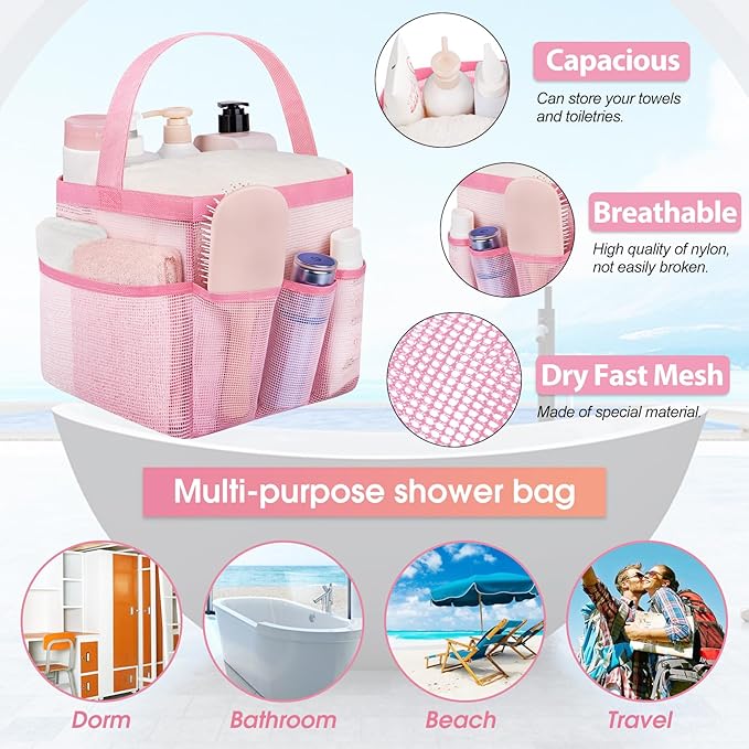 Attmu Mesh Shower Caddy Portable for College Dorm Room Essentials with 8 Pockets, Hanging Shower Caddy Dorm Basket, Quick Dry Bag for Bathroom