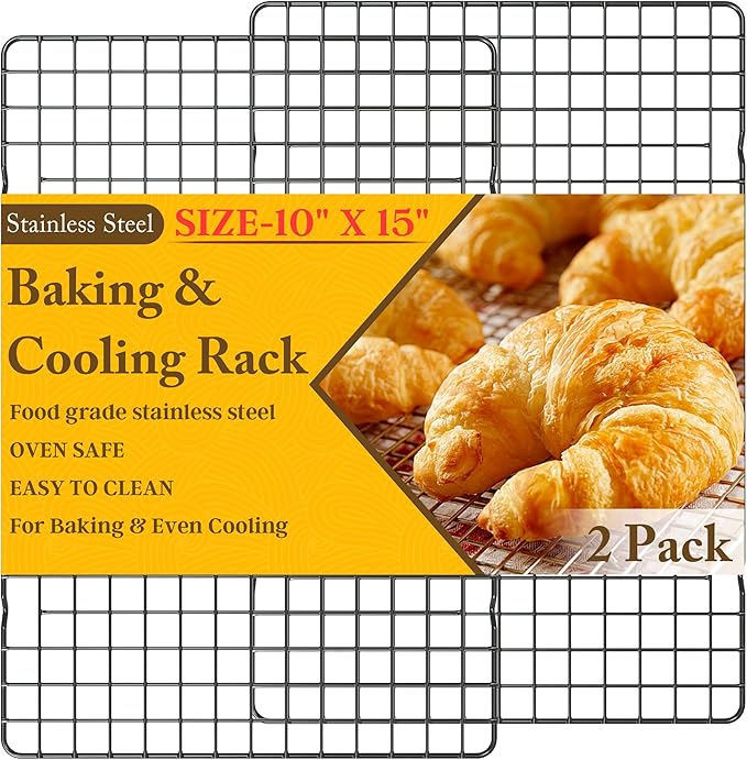 2PCS Cooling Racks for Cooking and Baking - 10" x 15"Heavy Duty Stainless Steel Wire Rack for Baking, Grilling, Roasting - Oven & Dishwasher Safe - Fits Jelly Roll Sheet Pan-Silver