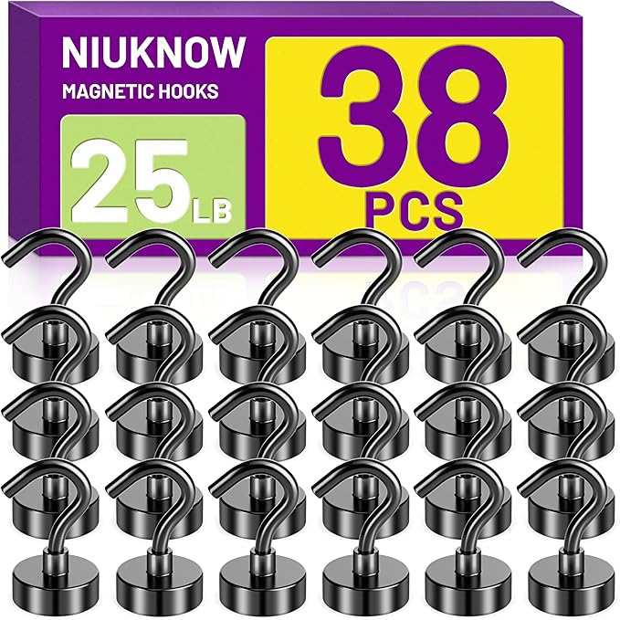 38Pack Heavy Duty Magnetic Hooks, 25LBS Powerful Black Metal Neodymium Magnets Hooks for Hanging, Magnets with Hooks Perfect for Home, Kitchen, Bathroom, Office, Cruise Must Haves