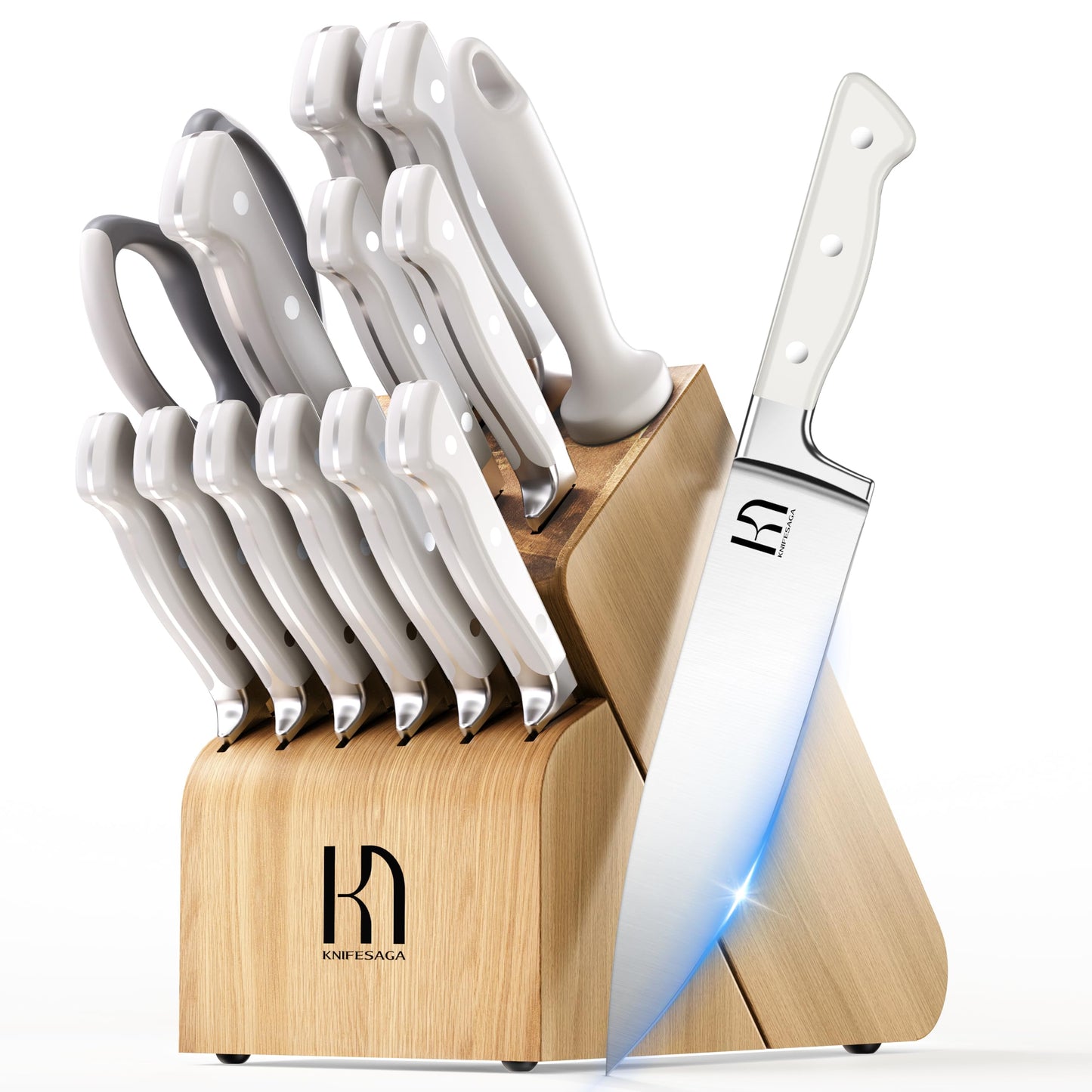 KnifeSaga 15-pc Japanese Kitchen Knife Block Set, Razor Sharp, Professional