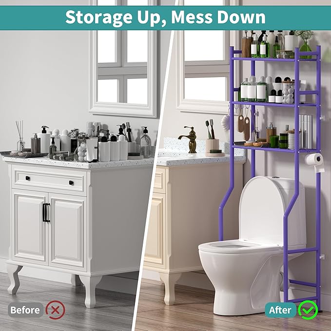 3-Tier Over The Toilet Storage with Paper Holder, Metal Bathroom Organizers and Storage for Small Space, Freestanding Bathroom Shelves with 4 Hooks, Above The Toilet Storage Shelf (Purple)