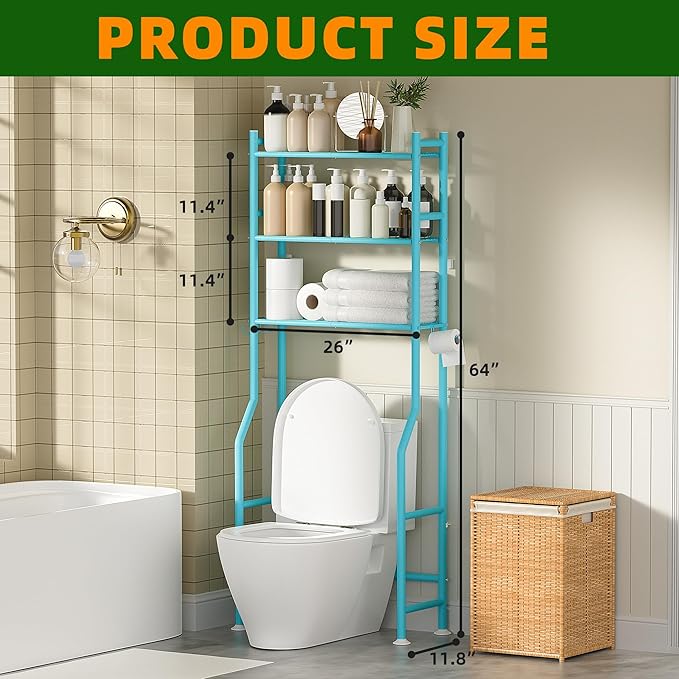 3-Tier Over The Toilet Storage, Space Saver Metal Bathroom Shelves, Freestanding Above Over Toilet Storage Shelf with 4 Hooks for Bathroom, Blue