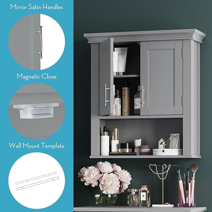 RiverRidge Somerset Two-Door Bathroom Storage, Gray Wall Cabinet, Grey, Set 1