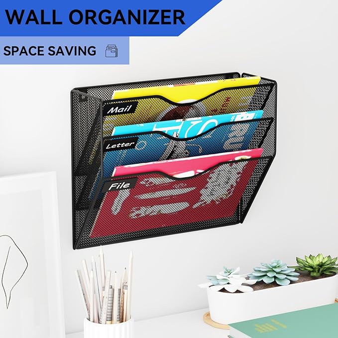 3 Pockets Hanging Wall File Organizer Mail Holder, Wall Mounted Paper Document Folder Holder, Clipboard Storage Organization Magazine Rack, Black