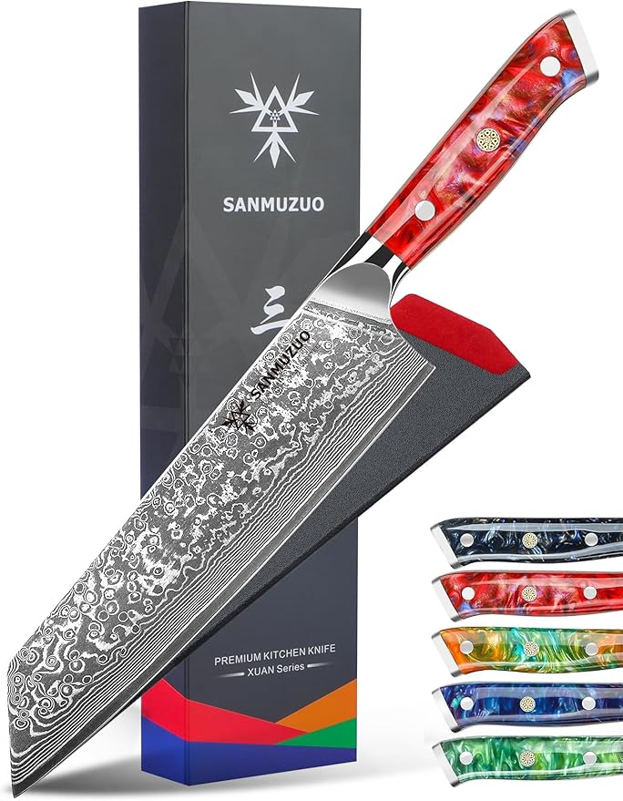 SANMUZUO 8.5 inch Kiritsuke Kitchen Chef Knife - 67 Layers Damascus Steel & Resin Handle - Xuan Series(Fantasy Orange)
