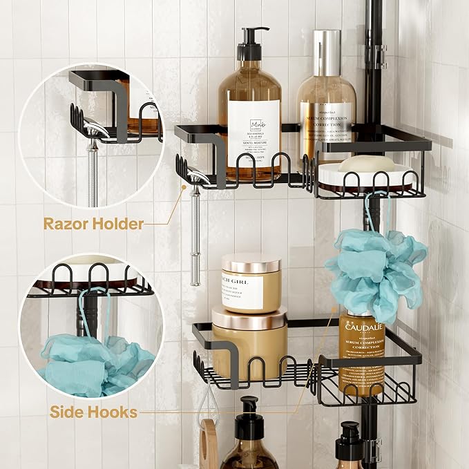 Corner Shower Caddy Tension Pole Adjustable 29–124 Inch, 4 Tier Rustproof Shower Organizer Shelf Rack, Quick Installation Bathroom Storage Shower Caddy Corner Pole, Black