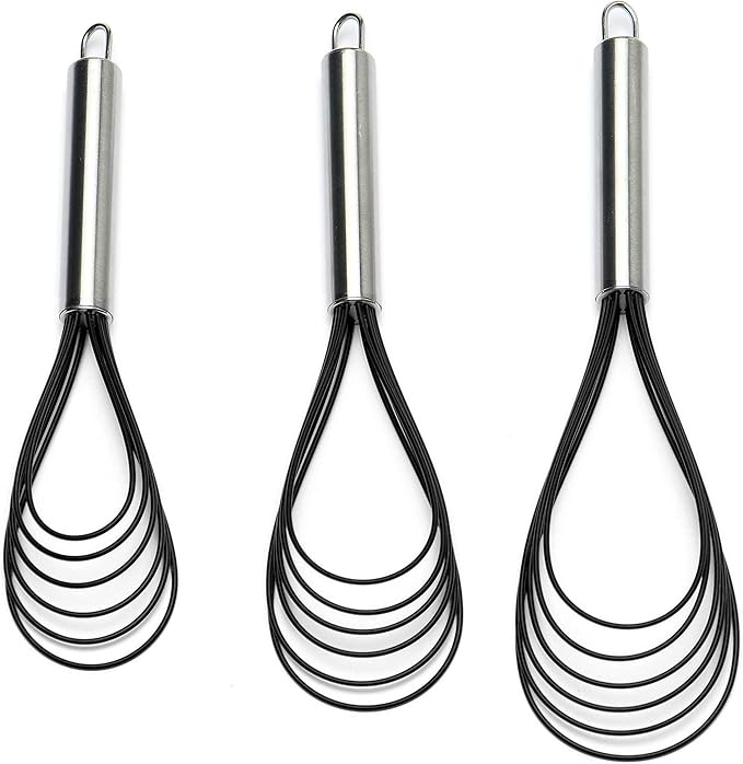 Flat Whisk Set,Stainless Steel 3 Pack 10''+11''+12'' Premium Sturdy-6 Silicone Heads Non Stick Wires Whisk for Blending Beating Stirring Kitchen Cooking Color Red by Jell-Cell
