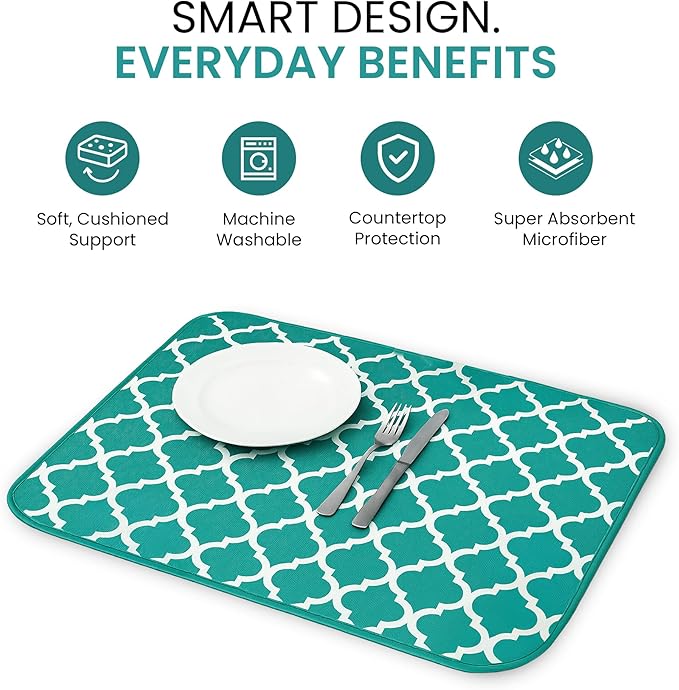 Dish Drying Mat - Microfiber Kitchen Counter Mat, Super Absorbent & Quick Dry Dish Drying Pad for Dishes, Utensils, Pots & Pans - Large Reversible Drying Mat for Kitchen Countertops, Coffee Bar, Green