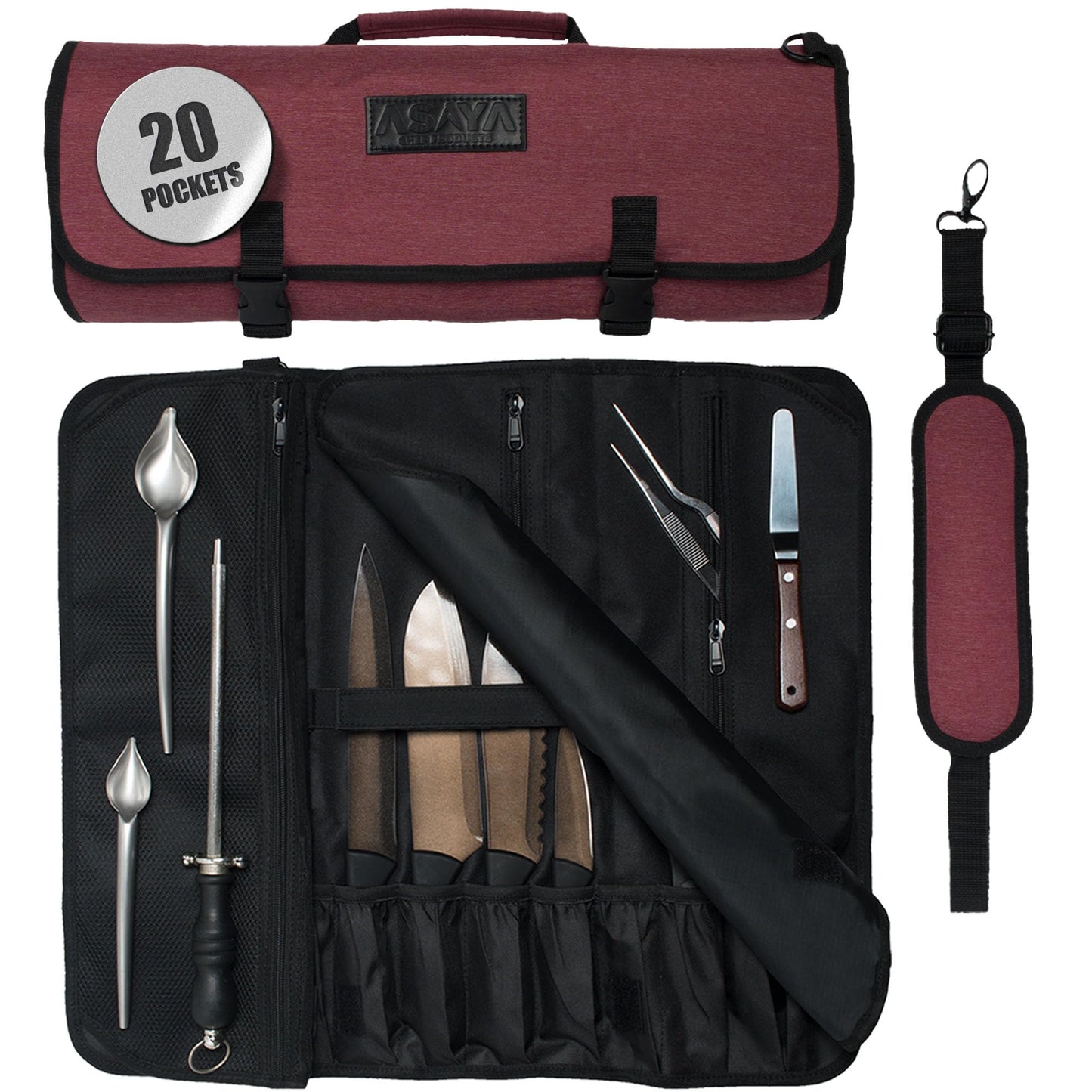 Asaya Waxed Nylon Chef Knife Roll Bag with 20 Slots and Zippered Pockets - Professional Chef Knife Bag & Storage Case, Tool Carrier with Shoulder Strap - Knives Not Included (Purple)
