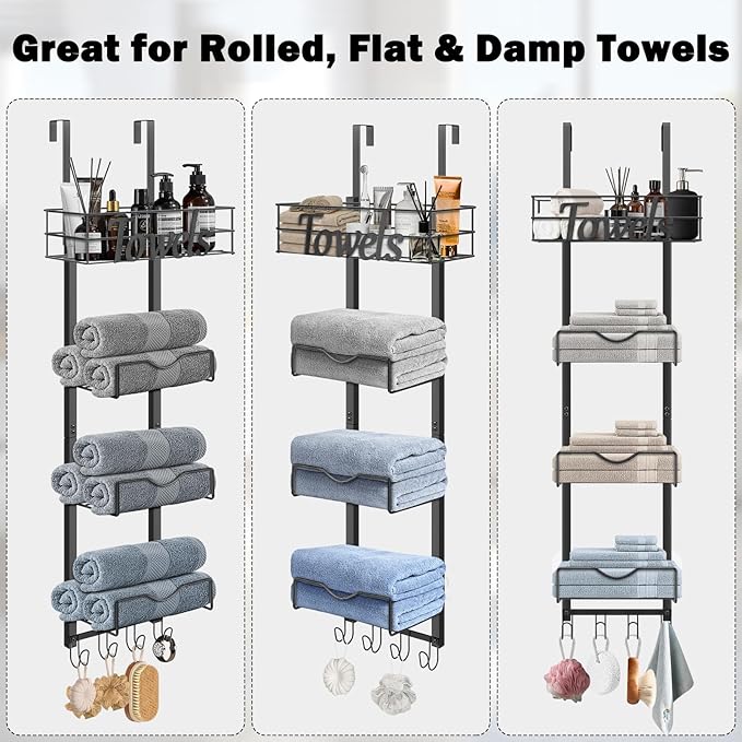 HarJue Over The Door Towel Racks, No Drill Towel Storage with Basket & Hooks, Space-Saving Multi-Functional Towel Holder for Bathrooms, bedrooms, Apartments, RVs (Matte Black)