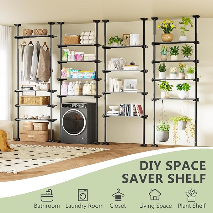Bonpally Over The Toilet Storage Shelf, 4-Tier Adjustable Bathroom Organizer, No Drill Tension Mounted Shelves, Space-Saving Bathroom Cabinet Rack Above Toilet for Small Rooms, Black