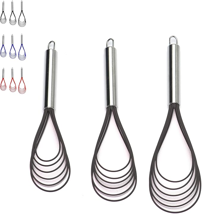 Flat Whisk Set,Stainless Steel 3 Pack 10''+11''+12'' Premium Sturdy-6 Silicone Heads Non Stick Wires Whisk for Blending Beating Stirring Kitchen Cooking Color Red by Jell-Cell