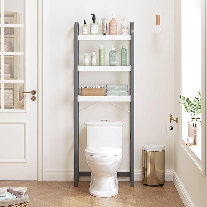 Spirich Over The Toilet Storage Shelf, 3-Tier Over Toilet Bathroom Organizer, Space-Saving Above Toilet Storage Shelf Rack with Bamboo Frame, Gray