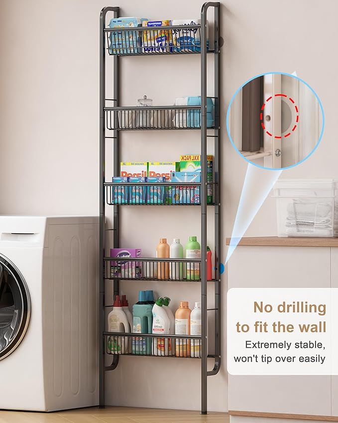 UMDONX Behind The Door Bathroom Shelf Narrow 5-Tier, Space-Saving Slim Storage Shelf Narrow Shelving Unit for Bathroom and Kitchen Black