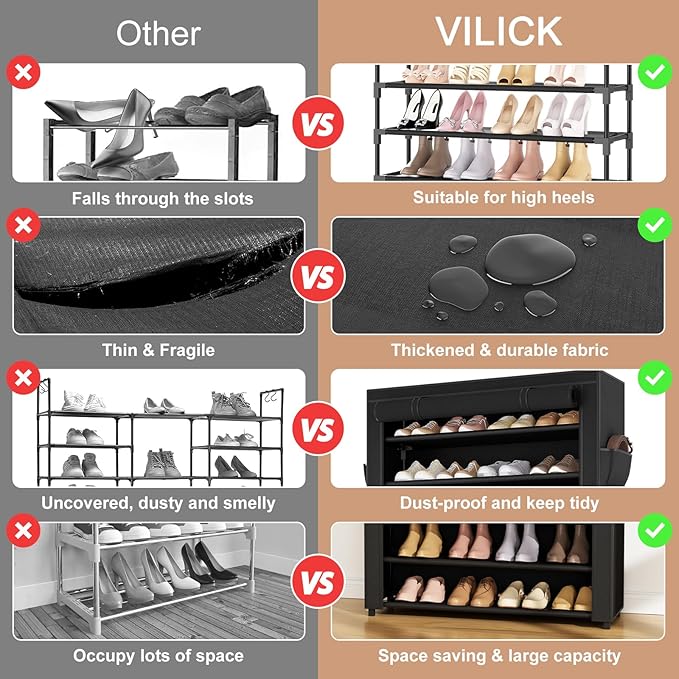 Shoe Rack with Cover Narrow Shoe Organizer with Pockets 10 Tier Tall Shoe Storage Holds 36-41 Pairs Shoes and Boots Shoe Rack for Closet Entryway Garage, Black