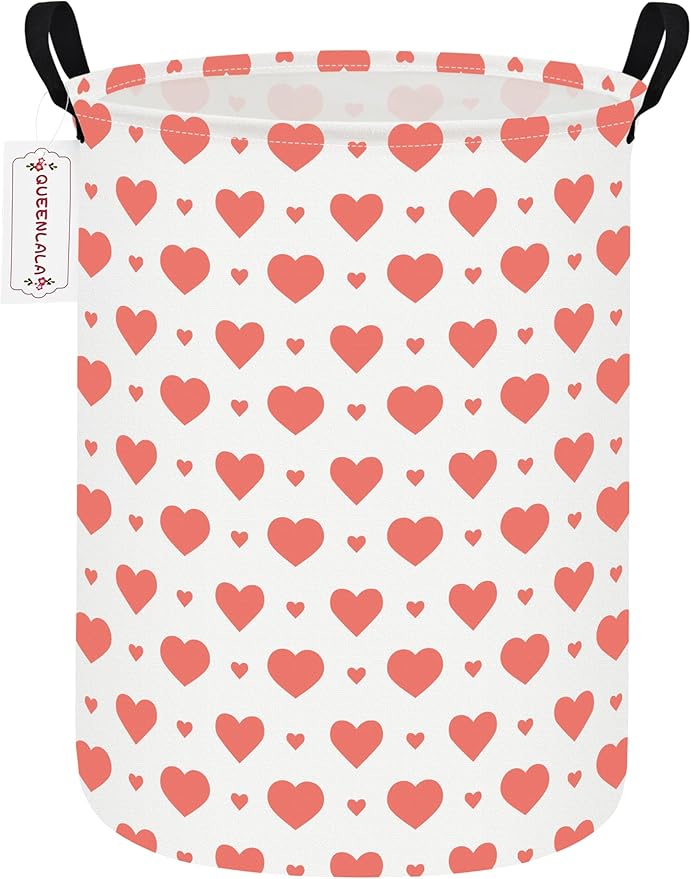 QUEENLALA Large Storage Basket,Laundry Hamper/Bathroom/Home Decor/Collapsible Round Storage Bin,Boys and Girls Hamper/Boxes/Clothing(Round-Pink Heart)