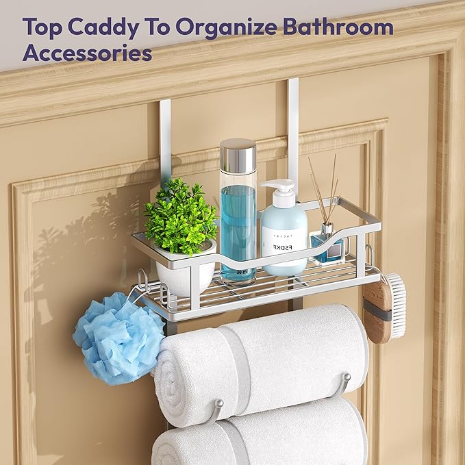 SWTYMIKI Over The Door Towel Rack - 6 Tier Towel Racks for Bathroom Wall Mounted, Towel Holder with Shelf, Hanging Rolled Towel Storage Organizer for Small Bathroom, Camper, RV, Sliver