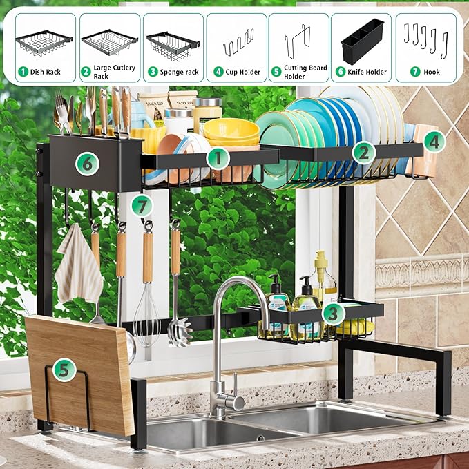 YKLSLH Over The Sink Dish Drying Rack 2 Tiers, for All Sinks (26.57"-35"),Expandable Large Capacity Sink Rack, Metal Drying Rack for Kitchen and Family Use