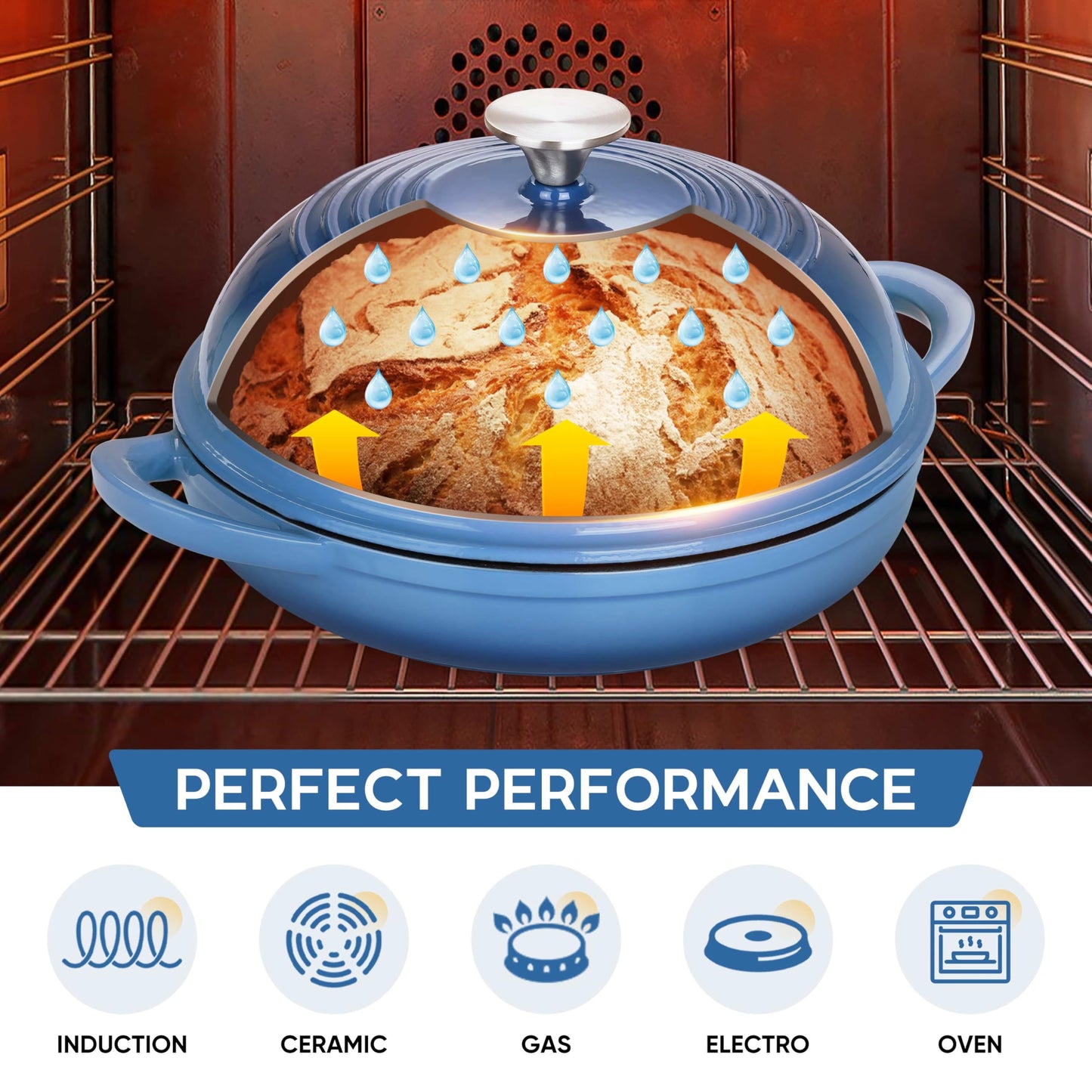 E-far Dutch Oven for Sourdough Bread Baking, 6 Qt Round Enameled Cast Iron Dutch Oven for Homemade Artisan Bread, Dome Lid & Shallow Base, Matte Black Interior & Durable, Oven-Safe to 500℉, White