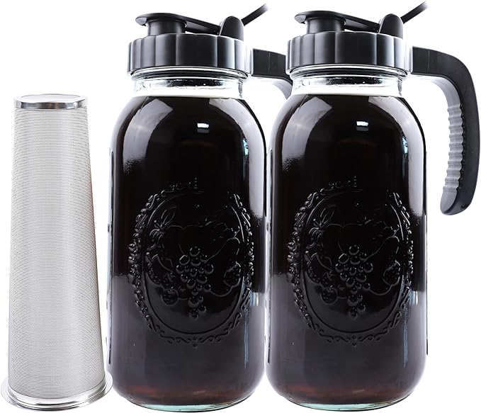 Cold Brew Coffee Maker Pitcher 2 Quart Glass Mason Jar With Spout Lid Filter Half Gallon Wide Mouth Iced Tea Brewing Jug Heavy Duty Handle Airtight & Leak-Proof Pitcher For Fridge Sun Tea 64 OZ
