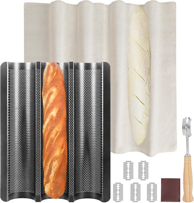 Barlket Baguette Bread Pan, Nonstick French Bread Baking Pan 3 Loaf, Golden