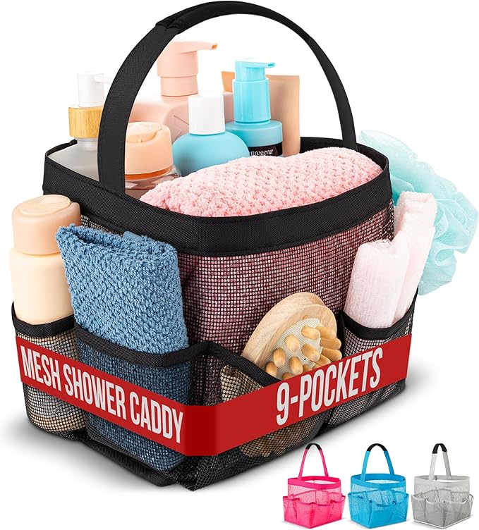 Masirs Shower Caddy Mesh - 9 Pocket Portable Bathroom Organizer Tote for Travel, Gym & Dorm - Collapsible Small Shower Caddy Bag to Hold Toiletries & Essentials (Black)