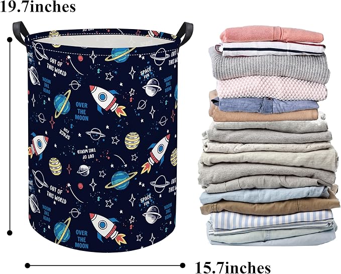 HIYAGON Kids Laundry Basket Baby Hamper for Nursery Boys Kids Hamper Cute Kids Toys Storage Bin Organizer Butterfly Room Decor for Home(Rocket Planet)