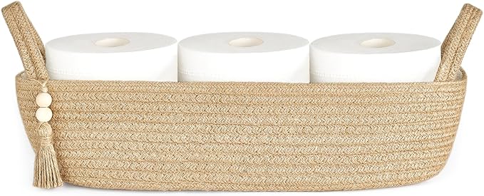 Mkono Small Storage Basket for Toilet Tank Top Boho Bathroom Decor Woven Rope Toilet Paper Tray Organizer for Shelf Bedroom Living Room, Jute, 1 Pack, 15.7" L x 6" W