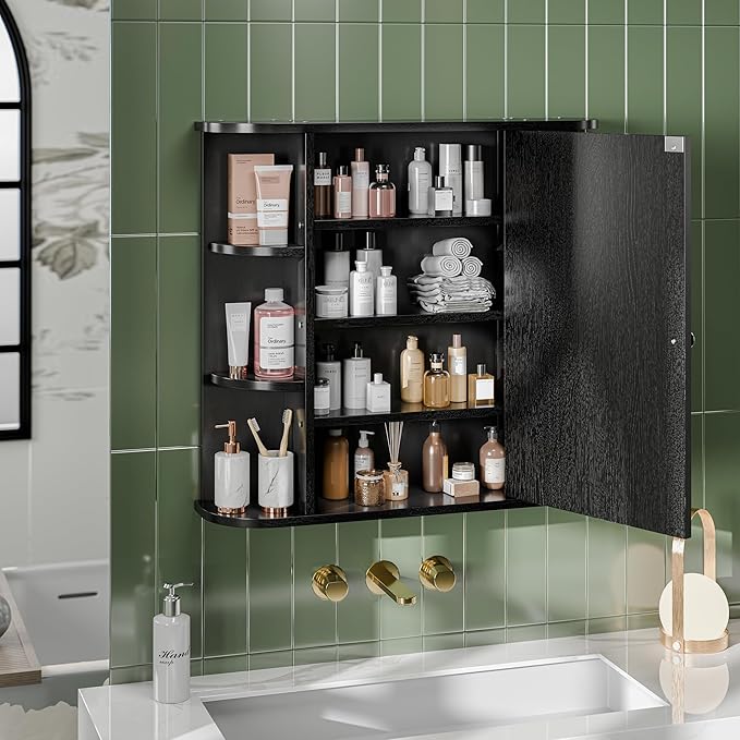 Meilocar Bathroom Mirror Cabinet Wall Mounted, Bathroom Medicine Cabinet with Mirror and 6 Open Shelves, Modern Wall Cabinet, Black