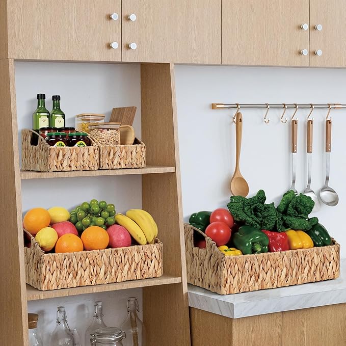 Ollieroo Rattan Storage Baskets, Handwoven Wicker Storage Bins with Built-in Handles, Storage Container Baskets for Shelves, Bedroom, Bathroom, Laundry Room or Kitchen(Natural)