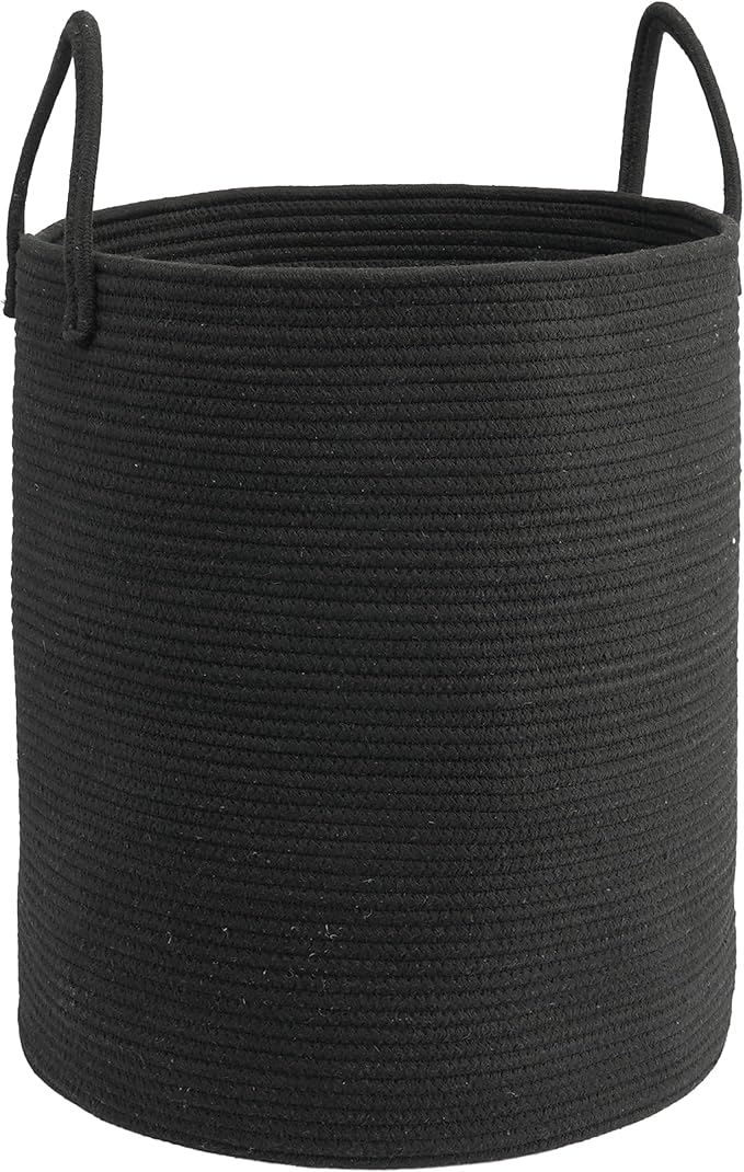 Woven Cotton Rope Laundry basket-15”X20” Laundry Hamper-Rope Storage Basket for Dirty Clothes, Toys and Blankets Perfect for Bathroom, Baby nursery and Living Room Storage (black)