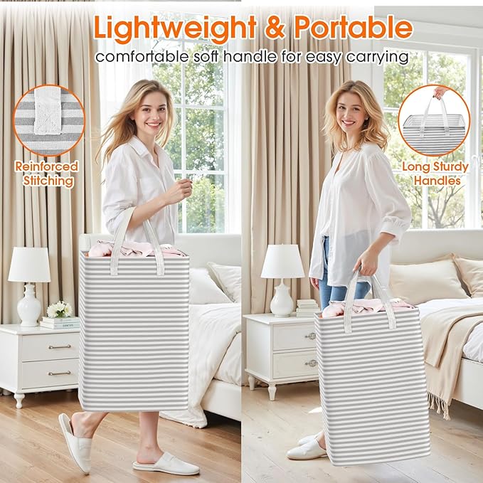 3 Pack Laundry Hamper, Waterproof & Freestanding Large Laundry Basket, Collapsible Clothes Hampers with Easy Carry Long & Reinforced Handles in Bedroom Bathroom, College Dorm(75Lx3, Gray)