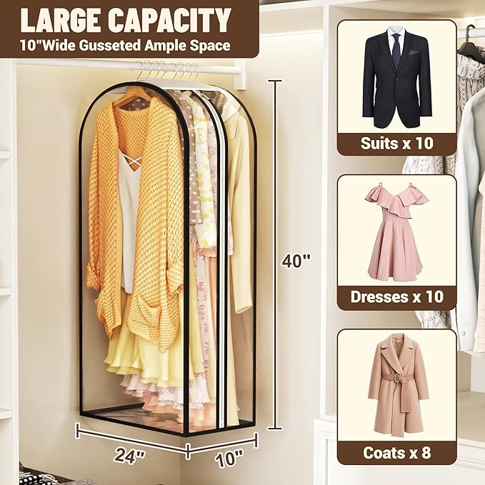 Garment Bags for Hanging Clothes 40” Long, Ultra Clear Suit Bags for Closet Storage, Moving Organization, Travel Covers with 10" Gussets for Coat, Dress, Shirt and Sweater - 2 PCS
