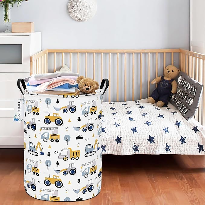 Round Foldable Laundry Hamper Kids Forest Vehicles Excavator Boys Gift Basket Suitable For Home Decoration and Toy Storage(Excavator)