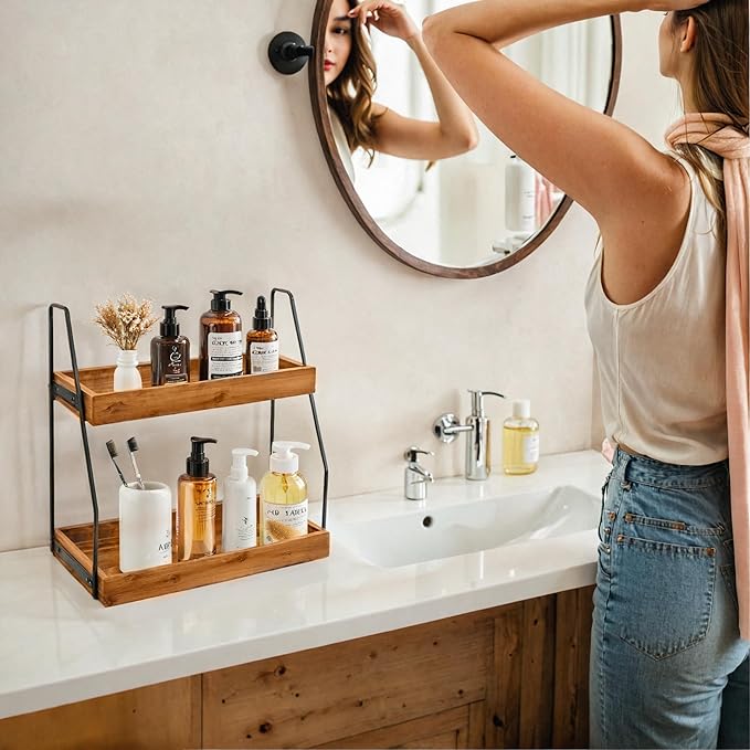 Demigo Acacia Bathroom Organizer Countertop 13.6 x 14 x 6.7 inches, 2-Tier Wood Counter Standing Rack, Countertop Storage Shelf for Organizing Bathroom Kitchen Office Desk Vanity Cosmetic Balcony