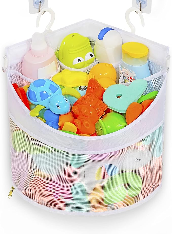 Ligereza Baby Bath Toy Organizer, Quick Drying and Mould Proof, Corner Hang-Suspension Holder, Large Capacity Multi Use Shower Caddy (White)