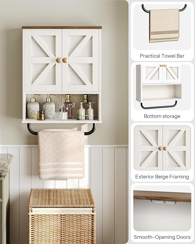Bathroom Wall Cabinet, Medicine Cabinet with Open Partition and Towel Bar, Rustic Storage Cabinet with Open and Hidden Storage Space, for Bathroom, Living Room, Kitchen, White and Walnut