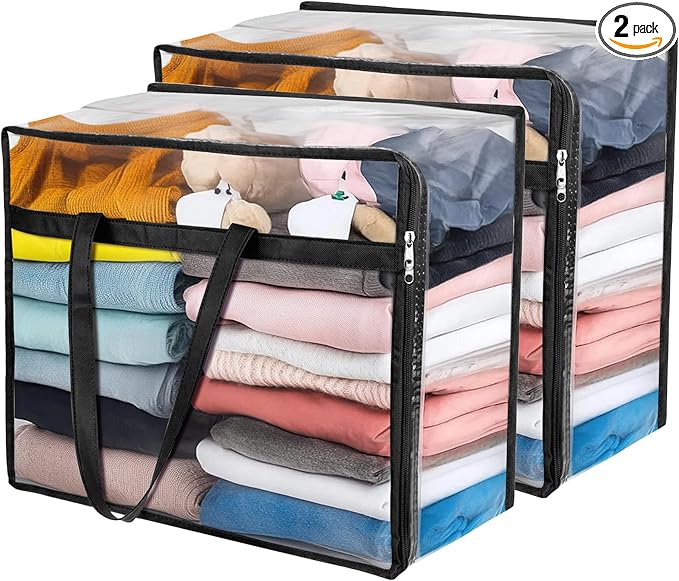 Budding Joy Clear Zippered Storage Bags for Clothes,40L Closet Organizers and Storage Containers Vinyl Moving Bag for Bedding, Linen, Blankets, Comforters, Clothing & Toys, Black, 2 Pack