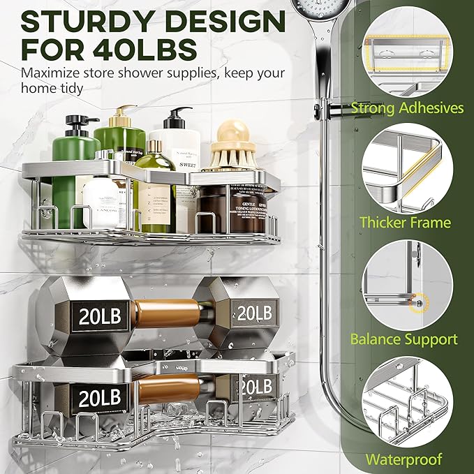 MAXIFFE 3 Pack X-Large Corner Shower Caddy with Soap Holder, Large Capacity Sturdy Easy Install No Drilling Stainless Steel Hold 40 LB Shower Organizer Shelves Rack for Family Renter Bathroom, Silver