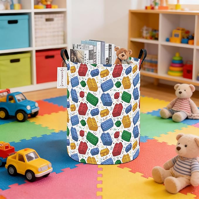 QUEENLALA Large Storage Basket,Laundry Hamper/Bathroom/Home Decor/Collapsible Round Storage Bin,Boys and Girls Hamper/Boxes/Clothing(Round-Blocks)